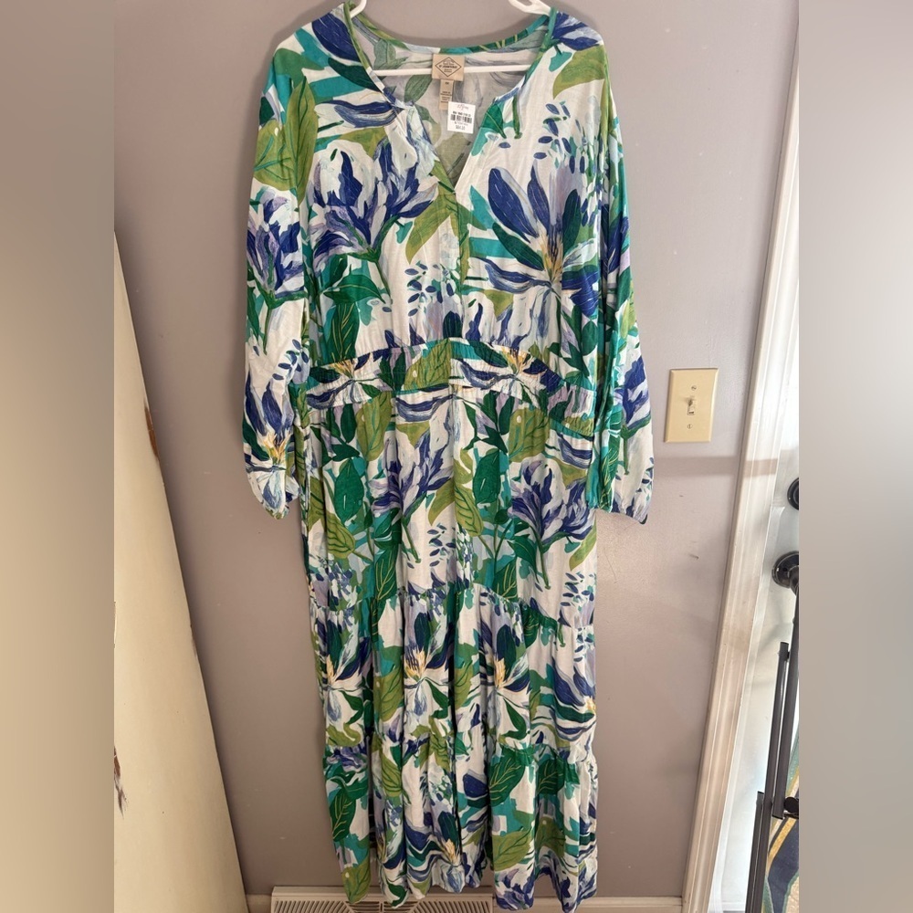 St John’s Bay Womens Long Sleeve Tired Floral Maxi Dress SZ 2X New Linen Blend